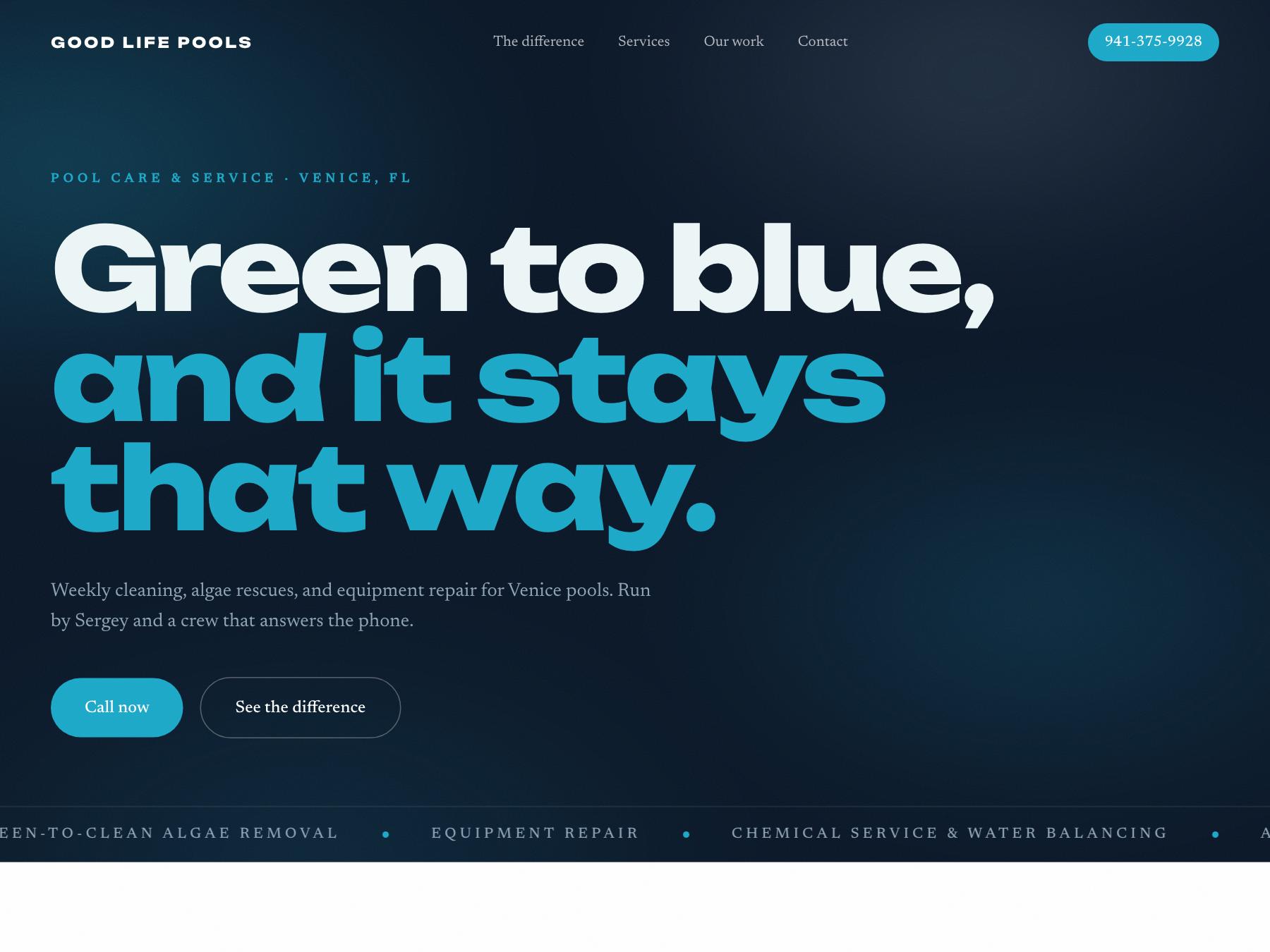 Concept homepage built for Good Life Pools, Venice